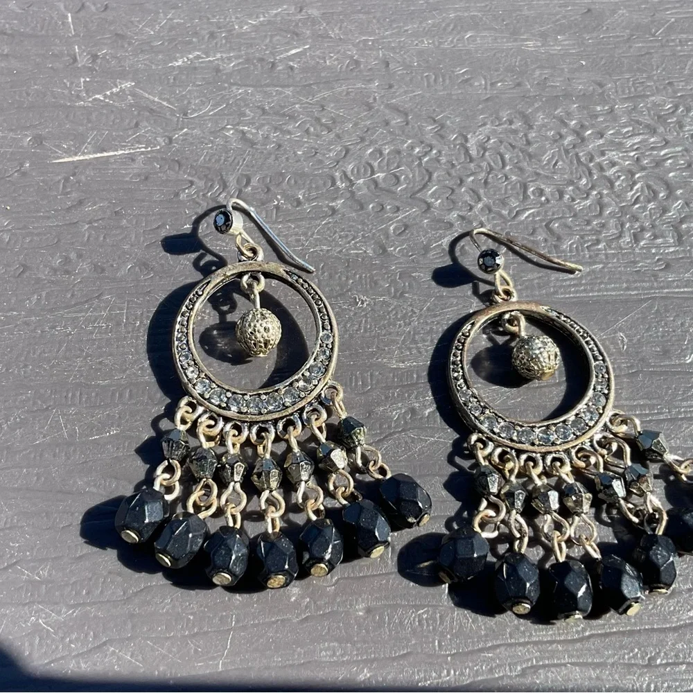Vintage Dangle Earrings pierced black beads crystal 2” long